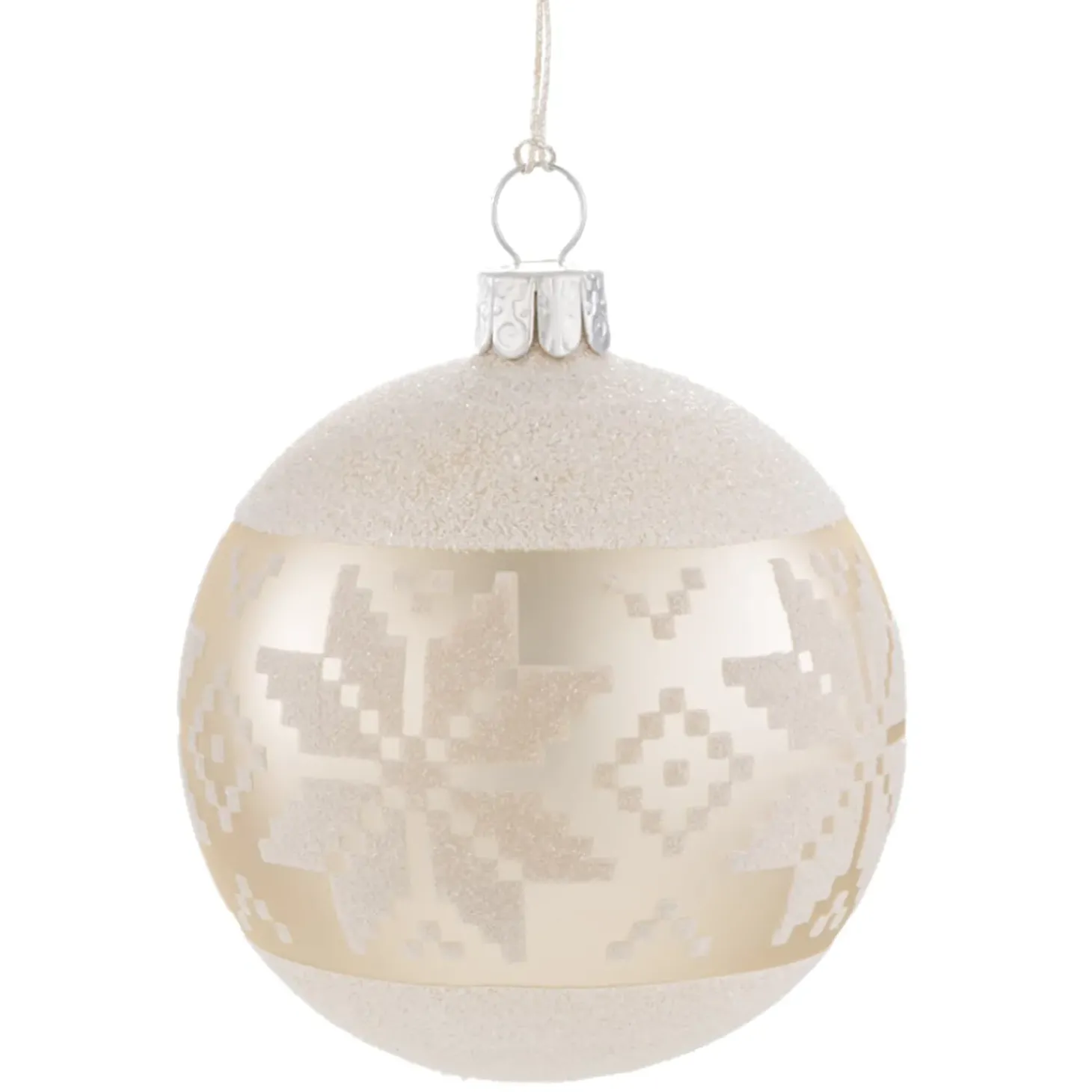 Glaskugel Creme Mit Weisem Muster, 7 Cm