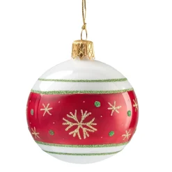 Glaskugel Opal Weis Mit Rotem Flockenband, 6 Cm