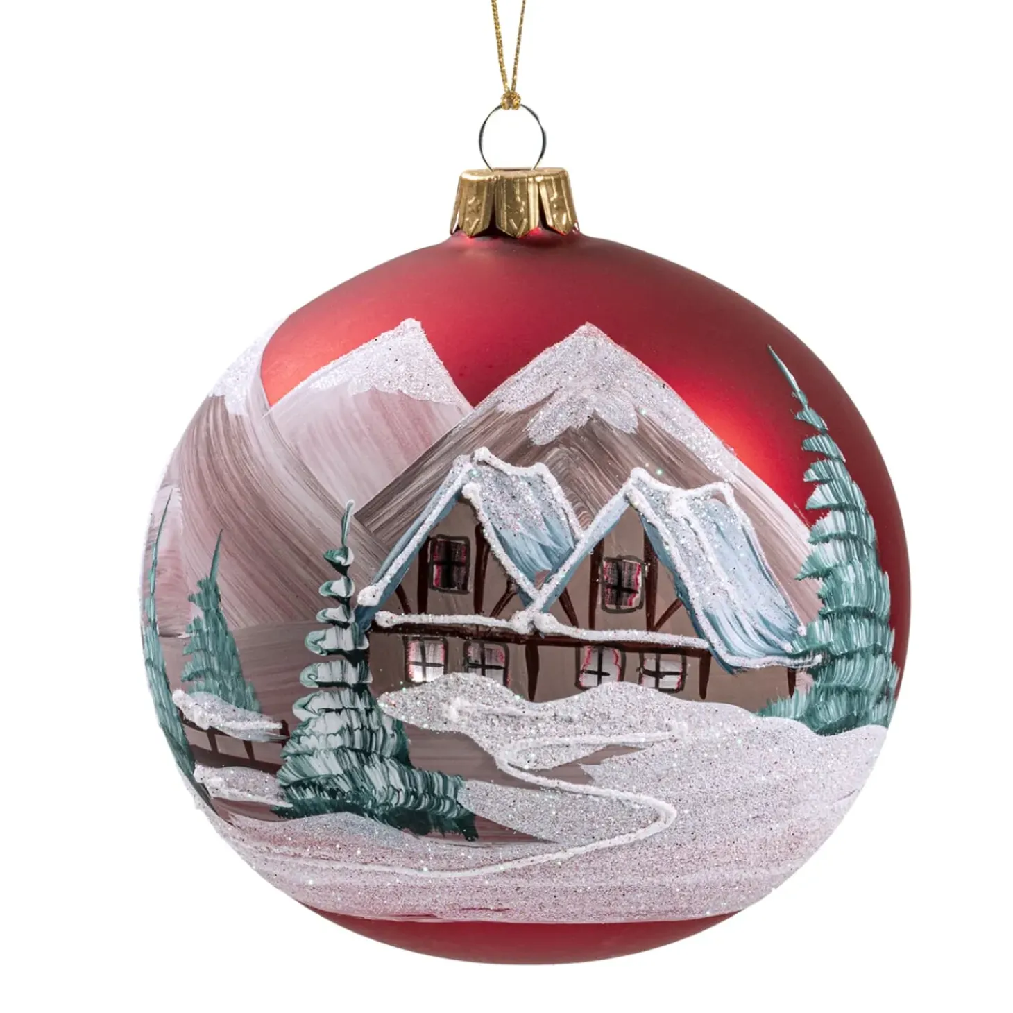 Glaskugel Rot Matt Berglandschaft, 8 Cm
