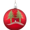 Glaskugel Rot Matt Mit Baumen Und Pilzen, 7 Cm