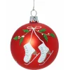Glaskugel Rot Mit Schlittschuhen Und Mistelzweigen, 7Cm