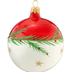 Glaskugel Rot-Weis Mit Zweig Und Sternchen, 8 Cm