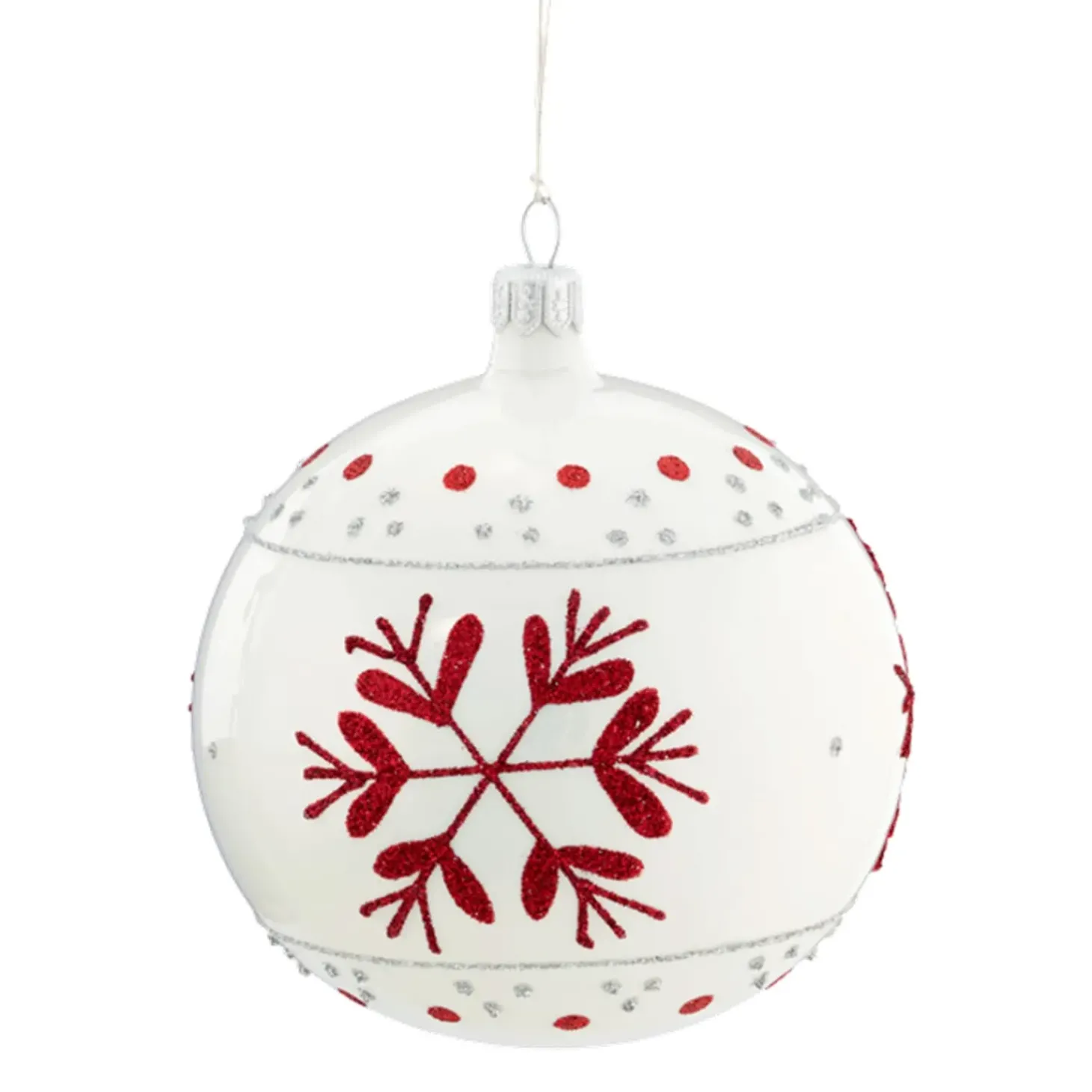Glaskugel Weis Mit Roten Flocken, 10 Cm